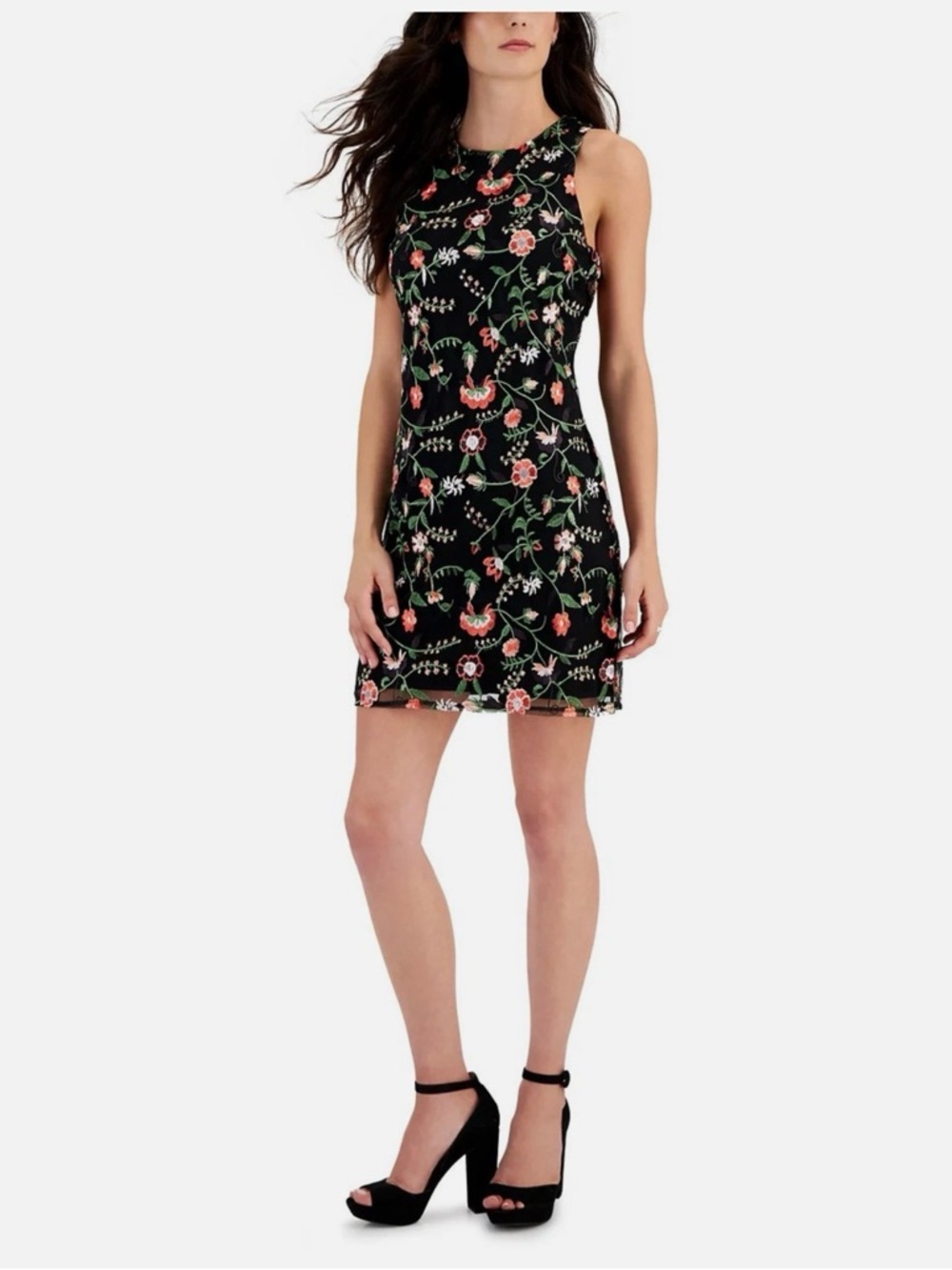 Sam Edelman Black Floral Mini Dress with Red and Green Embroidery